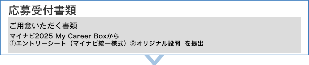 応募書類受付 ご用意いただく書類 マイナビ2024 MyCareerBoxから①エントリーシート（マイナビ統一様式）②オリジナル設問を提出